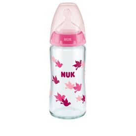 Nuk First Choice+ Γυάλινο Μπιμπερό με Δείκτη Ελέγχου Θερμοκρασίας με Θηλή Σιλικόνης 0-6m 240ml Pink Birds 10745124 - Μπιμπερό στο Oneirokosmos