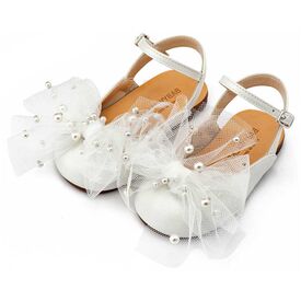 Babywalker Γαλλικό Σαμπό με Φιόγκο και Πέρλες BW4882  Εκρού - Βαπτιστικό Παπούτσι για Κορίτσι στο Oneirokosmos