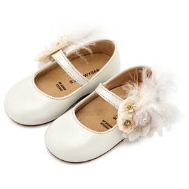 Babywalker Γοβάκι με Λουλούδια και Πούπουλα BW4887  Εκρού - Βαπτιστικό Παπούτσι για Κορίτσι στο Oneirokosmos