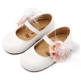 Babywalker Γοβάκι με Λουλούδια και Πούπουλα BW4887  Λευκό Ροζ - Βαπτιστικό Παπούτσι για Κορίτσι στο Oneirokosmos