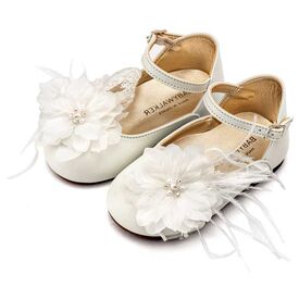 Babywalker Γαλλικό Γοβάκι με Χειροποίητο Chiffon Λουλούδι και Πούπουλα EXC5902 Εκρού - Βαπτιστικό Παπούτσι για Κορίτσι στο Oneirokosmos