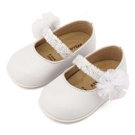 Babywalker Γοβάκι Μονή Μπαρέτα Διακοσμημένο με Τρέσα και Τούλινο Πον Πον PRI2657 Λευκό - Βαπτιστικό Παπούτσι για Κορίτσι στο Oneirokosmos