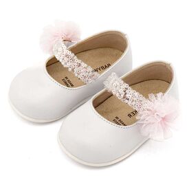 Babywalker Γοβάκι Μονή Μπαρέτα Διακοσμημένο με Τρέσα και Τούλινο Πον Πον PRI2657 Λευκό Ροζ - Βαπτιστικό Παπούτσι για Κορίτσι στο Oneirokosmos