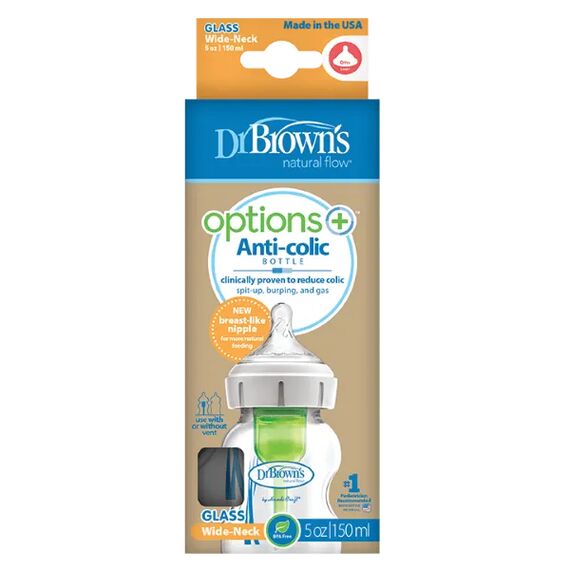 Dr. Brown's Natural Flow Options+ Γυάλινο Μπιμπερό με Φαρδύ Λαιμό & Θηλή Σιλικόνης 150ml WB51700 - Μπιμπερό στο Oneirokosmos