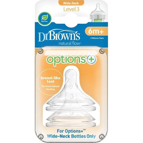Dr. Brown's Θηλές Για Μπιμπερό Options+ Με Φαρδύ Λαιμό 6m+ 2τμχ - Μπιμπερό στο Oneirokosmos