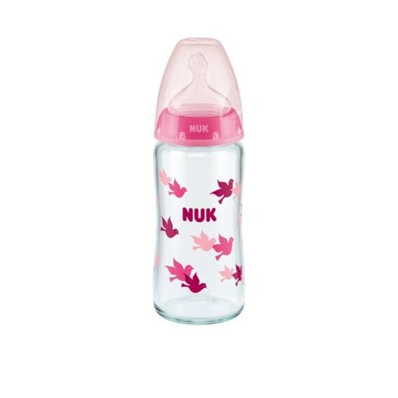 Nuk First Choice+ Γυάλινο Μπιμπερό με Δείκτη Ελέγχου Θερμοκρασίας με Θηλή Σιλικόνης 0-6m 240ml Pink Birds 10745124 - Μπιμπερό στο Oneirokosmos