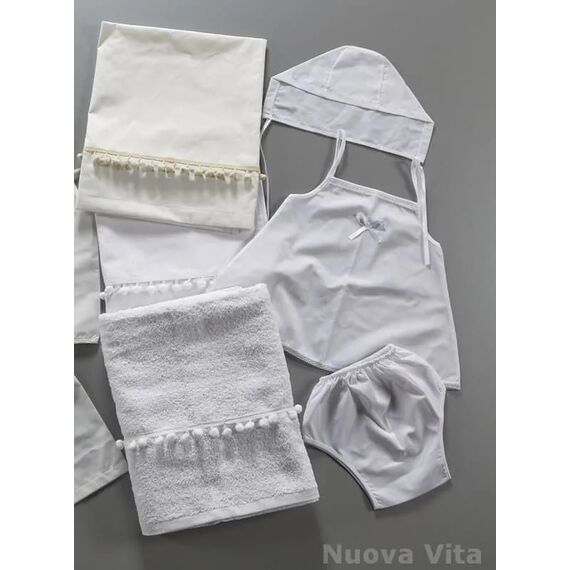 Nuovavita Σετ Βαπτιστικά Λαδόπανα Pom Pom Λ181 Λευκό 5 τεμ. - Λαδόπανα για Κορίτσι στο Oneirokosmos