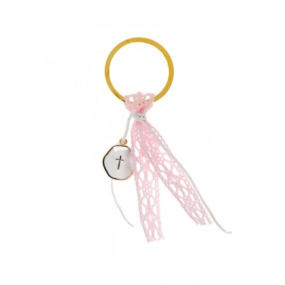 Μαρτυρικό Βάπτισης με Χρυσό Κρίκο Σταυρουδάκι και  Κορδέλα Ροζ Μ-309 (50τμχ.) - Μαρτυρικά στο Oneirokosmos