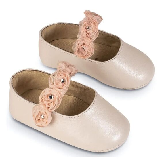 Babywalker Γοβακι Μονή Μπαρέτα με Chiffon Λουλούδια MI1638 Εκρού Ροζ - Βαπτιστικό Παπούτσι για Κορίτσι στο Oneirokosmos