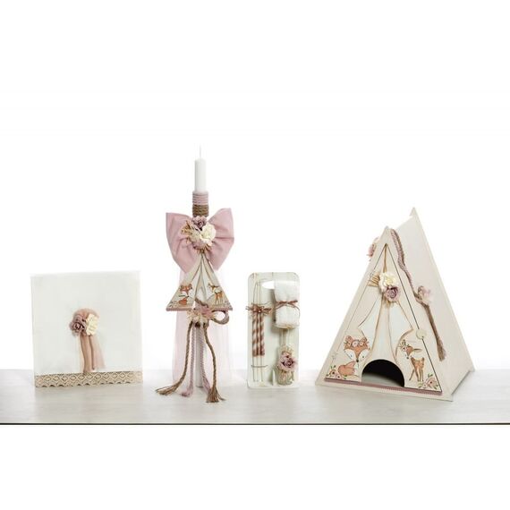 Σετ Βάπτισης με Θέμα  Ζωάκια Σκηνή Ζωγραφισμένο στο Χέρι  5τεμ. - Για Κορίτσι στο Oneirokosmos