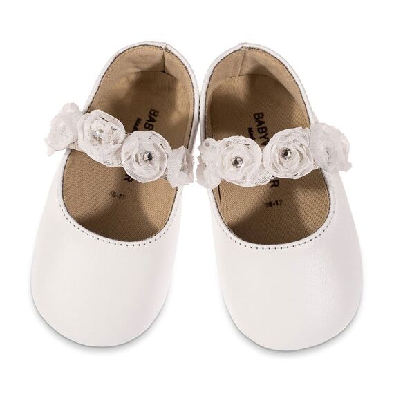 Babywalker Γοβακι Μονή Μπαρέτα με Chiffon Λουλούδια MI1638 Λευκό - Βαπτιστικό Παπούτσι για Κορίτσι στο Oneirokosmos