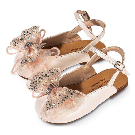 Babywalker Γαλλικό Σαμπό με Φιόγκο Οργάντζας και Στρας BW4828  Εκρού Ροζ - Βαπτιστικό Παπούτσι για Κορίτσι στο Oneirokosmos