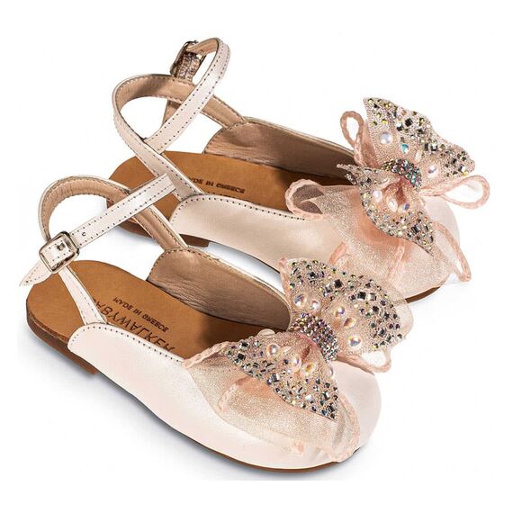 Babywalker Γαλλικό Σαμπό με Φιόγκο Οργάντζας και Στρας BW4828  Εκρού Ροζ - Βαπτιστικό Παπούτσι για Κορίτσι στο Oneirokosmos