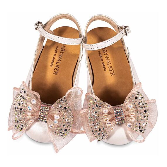 Babywalker Γαλλικό Σαμπό με Φιόγκο Οργάντζας και Στρας BW4828  Εκρού Ροζ - Βαπτιστικό Παπούτσι για Κορίτσι στο Oneirokosmos