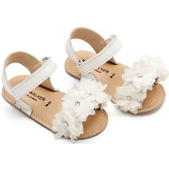 Babywalker Πέδιλο με Chiffon Λουλούδια ΜΙ1633 Λευκό - Βαπτιστικό Παπούτσι για Κορίτσι στο Oneirokosmos