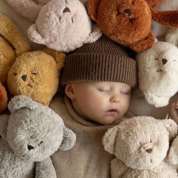 Moonie: Παιχνίδι Ύπνου The Humming Bear Grey Natur από Οργανικό Βαμβάκι με Αισθητήρα Κλάματος M-GRN - Δώρα στο Oneirokosmos