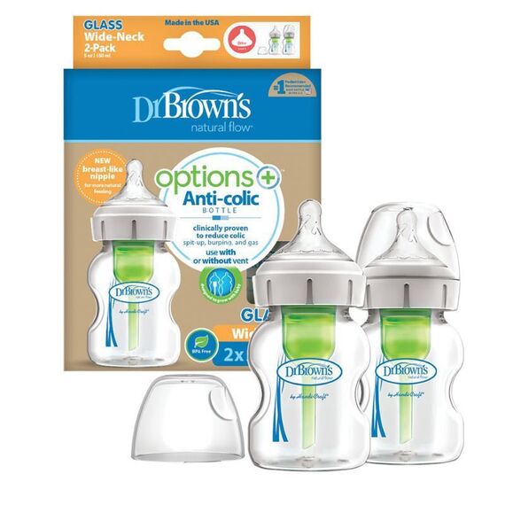 Dr. Brown's Natural Flow Options+Γυάλινο Μπιμπερό με Φαρδύ Λαιμό & Θηλή Σιλικόνης 2x150ml WB52730 - Μπιμπερό στο Oneirokosmos
