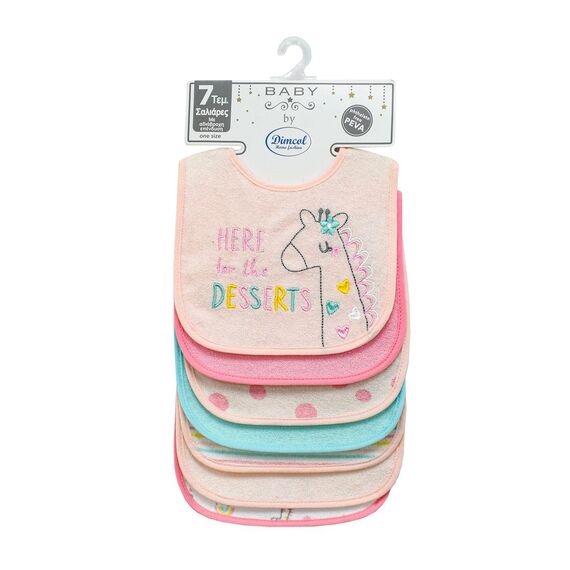 Dimcol Σαλιάρα με Velcro με Αδιάβροχη Επένδυση Σετ 7 τμχ. Giraffe 20 30X20 Pink 60/40 Cott/Pol - Σαλιάρες στο Oneirokosmos