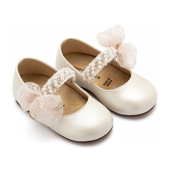 Babywalker Γοβάκι Μονή Μπαρέτα Διακοσμημένη με Χειροποίητο Διακοσμητικό BS3596 Εκρού - Βαπτιστικό Παπούτσι για Κορίτσι στο Oneirokosmos