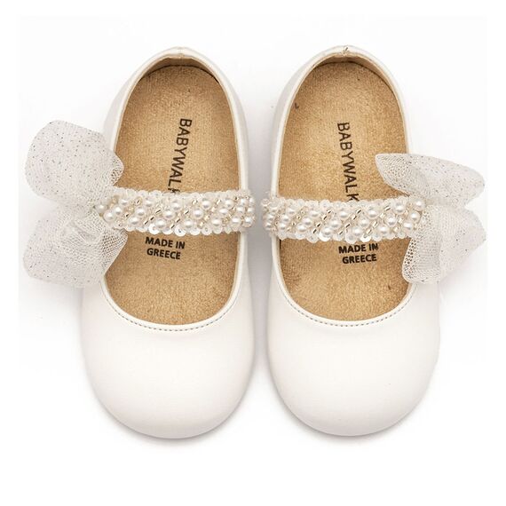 Babywalker Γοβάκι Μονή Μπαρέτα Διακοσμημένη με Χειροποίητο Διακοσμητικό BS3596 Λευκό - Βαπτιστικό Παπούτσι για Κορίτσι στο Oneirokosmos