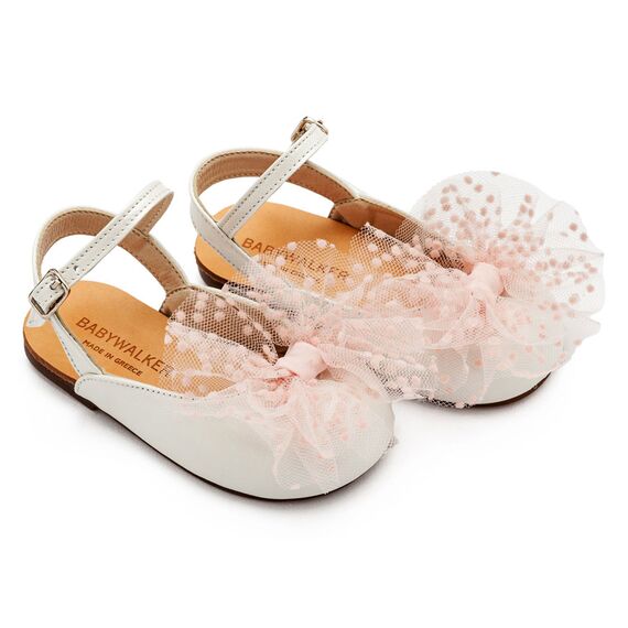Babywalker Γαλλικό Σαμπό με Χειροποίητο Τούλινο Φιόγκο BW4859 Εκρού Ροζ - Βαπτιστικό Παπούτσι για Κορίτσι στο Oneirokosmos
