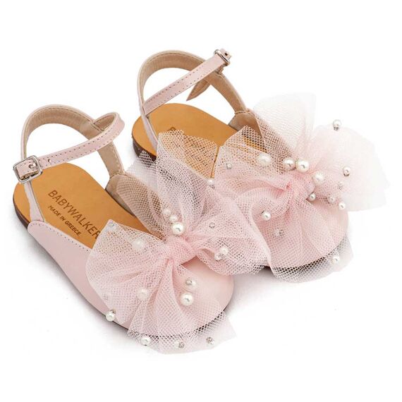 Babywalker Γαλλικό Σαμπό με Φιόγκο και Πέρλες BW4882  Ροζ - Βαπτιστικό Παπούτσι για Κορίτσι στο Oneirokosmos