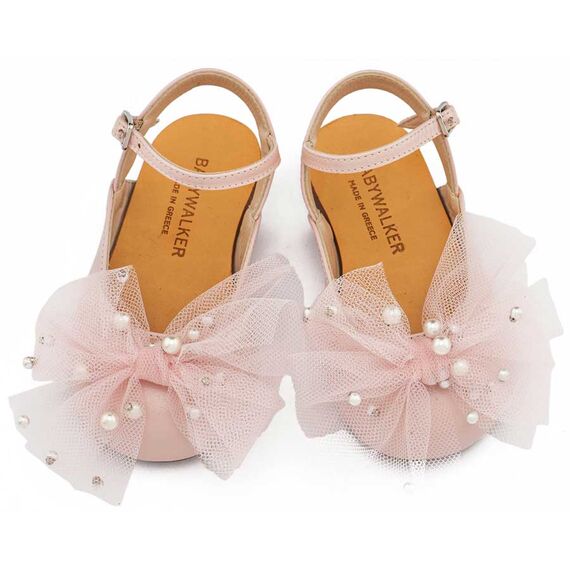 Babywalker Γαλλικό Σαμπό με Φιόγκο και Πέρλες BW4882  Ροζ - Βαπτιστικό Παπούτσι για Κορίτσι στο Oneirokosmos