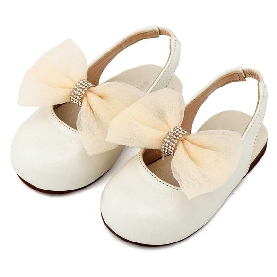 Babywalker Γαλλικό Σαμπό με Φιόγκο Οργάντζας και Στρας BW4883 Εκρού - Βαπτιστικό Παπούτσι για Κορίτσι στο Oneirokosmos