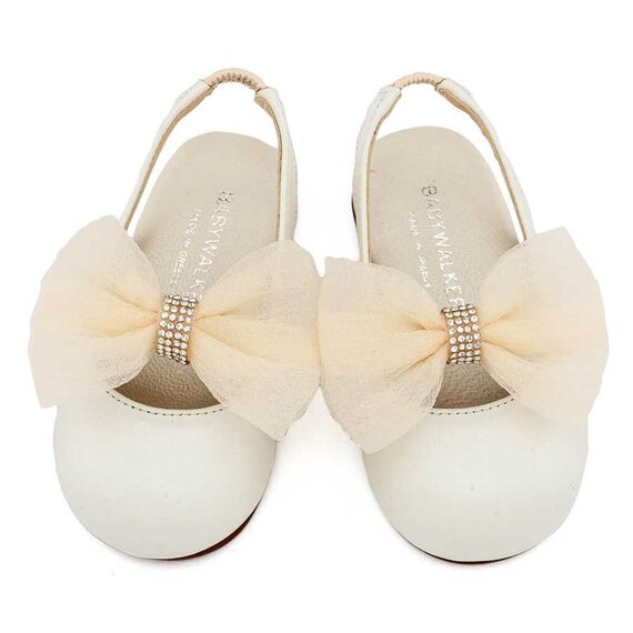 Babywalker Γαλλικό Σαμπό με Φιόγκο Οργάντζας και Στρας BW4883 Εκρού - Βαπτιστικό Παπούτσι για Κορίτσι στο Oneirokosmos