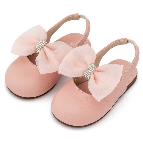 Babywalker Γαλλικό Σαμπό με Φιόγκο Οργάντζας και Στρας BW4883 Ροζ - Βαπτιστικό Παπούτσι για Κορίτσι στο Oneirokosmos