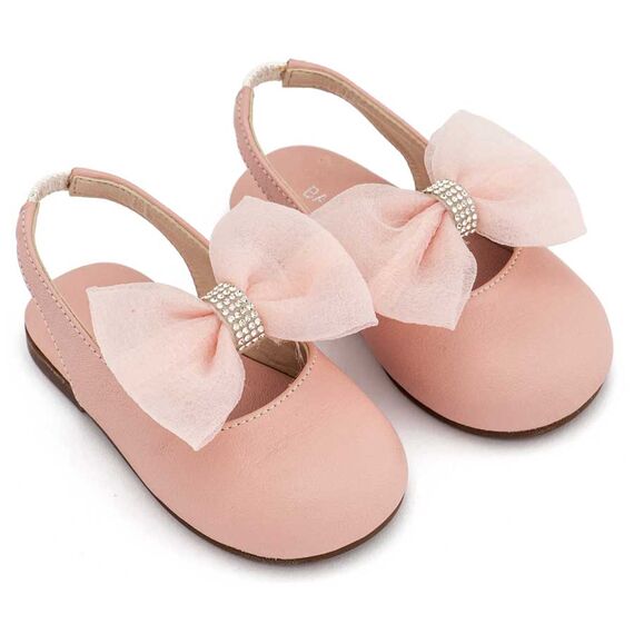 Babywalker Γαλλικό Σαμπό με Φιόγκο Οργάντζας και Στρας BW4883 Ροζ - Βαπτιστικό Παπούτσι για Κορίτσι στο Oneirokosmos