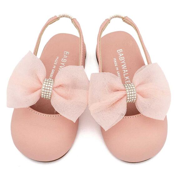 Babywalker Γαλλικό Σαμπό με Φιόγκο Οργάντζας και Στρας BW4883 Ροζ - Βαπτιστικό Παπούτσι για Κορίτσι στο Oneirokosmos