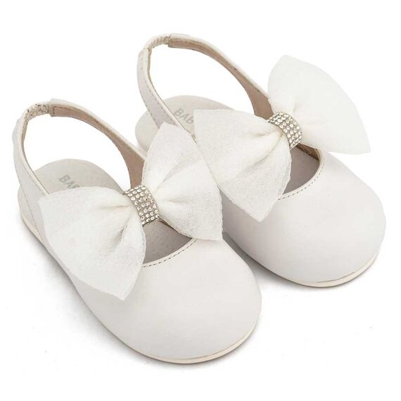 Babywalker Γαλλικό Σαμπό με Φιόγκο Οργάντζας και Στρας BW4883 Λευκό - Βαπτιστικό Παπούτσι για Κορίτσι στο Oneirokosmos