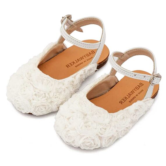 Babywalker Γαλλικό Σαμπό με Chiffon Λουλούδια BW4884 Λευκό - Βαπτιστικό Παπούτσι για Κορίτσι στο Oneirokosmos