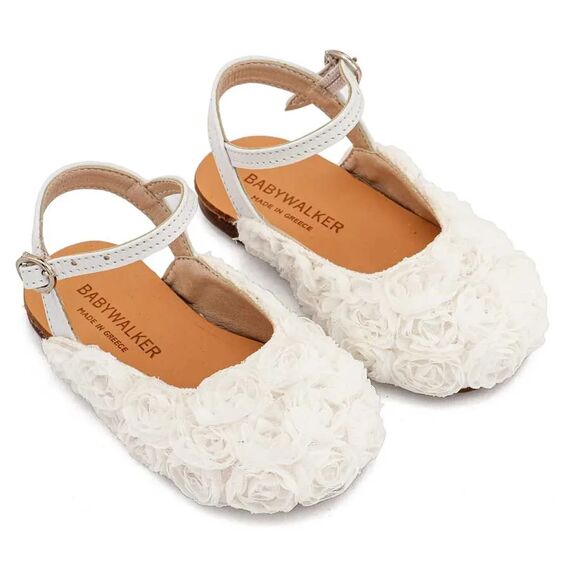 Babywalker Γαλλικό Σαμπό με Chiffon Λουλούδια BW4884 Λευκό - Βαπτιστικό Παπούτσι για Κορίτσι στο Oneirokosmos