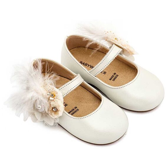 Babywalker Γοβάκι με Λουλούδια και Πούπουλα BW4887  Εκρού - Βαπτιστικό Παπούτσι για Κορίτσι στο Oneirokosmos