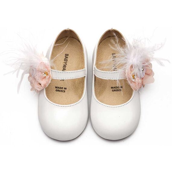 Babywalker Γοβάκι με Λουλούδια και Πούπουλα BW4887  Λευκό Ροζ - Βαπτιστικό Παπούτσι για Κορίτσι στο Oneirokosmos