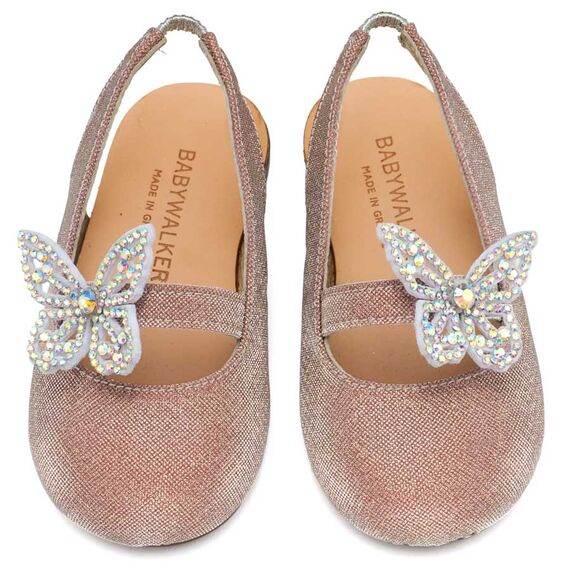 Babywalker Γαλλικό Σαμπό Διακοσμημένο με Στρασένια Πεταλούδα στο Πλάι EXC5881 Ροζ - Βαπτιστικό Παπούτσι για Κορίτσι στο Oneirokosmos