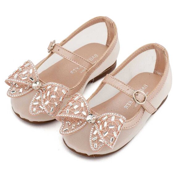 Babywalker Γοβάκι απο Ύφασμα Φιλντιρέ και Φιόγκο Στρας EXC5903 Ροζ Αντικέ - Βαπτιστικό Παπούτσι για Κορίτσι στο Oneirokosmos