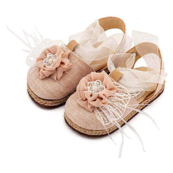 Babywalker Εσπαντρίγια με Χειροποίητο Διακοσμητικό με Πούπουλα EXC5905 Εκρού Νουντ - Βαπτιστικό Παπούτσι για Κορίτσι στο Oneirokosmos
