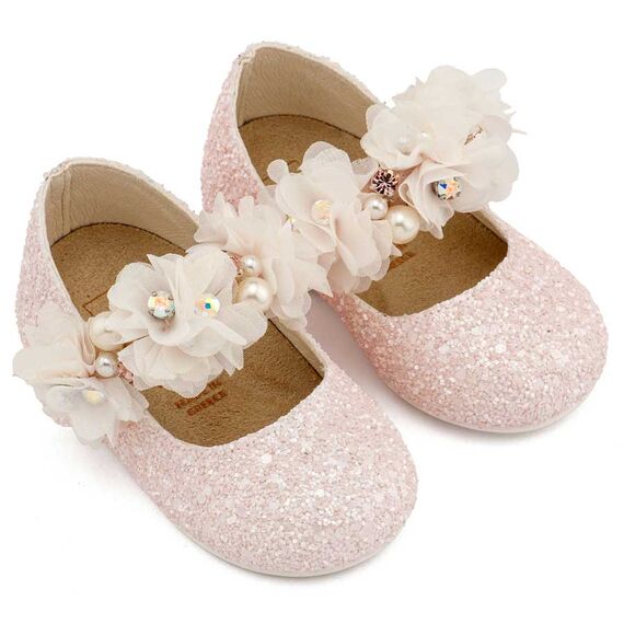 Babywalker Γοβάκι Μονή Μπαρέτα Στρας με Λουλούδια Πέρλες και Κρύσταλα Swarovski  LU6118 Ροζ - Βαπτιστικό Παπούτσι για Κορίτσι στο Oneirokosmos