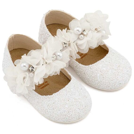 Babywalker Γοβάκι Μονή Μπαρέτα Στρας με Λουλούδια Πέρλες και Κρύσταλα Swarovski  LU6118 Λευκό - Βαπτιστικό Παπούτσι για Κορίτσι στο Oneirokosmos