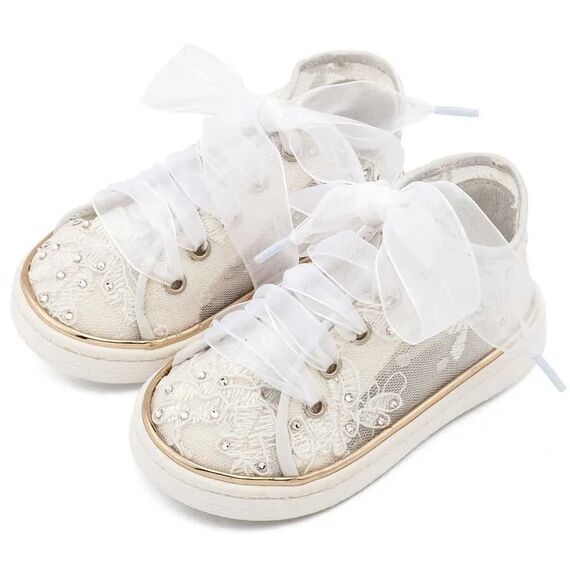 Babywalker Sneaker απο Ύφασμα Φιλντιρέ Λουλούδια LU6129 Λευκό - Βαπτιστικό Παπούτσι για Κορίτσι στο Oneirokosmos