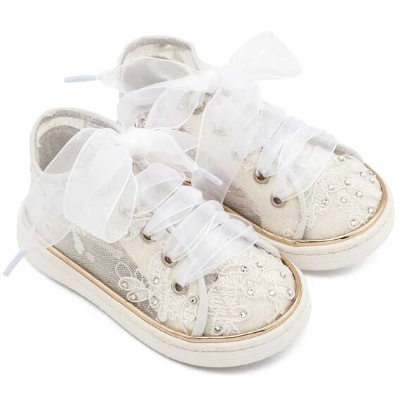 Babywalker Sneaker απο Ύφασμα Φιλντιρέ Λουλούδια LU6129 Λευκό - Βαπτιστικό Παπούτσι για Κορίτσι στο Oneirokosmos