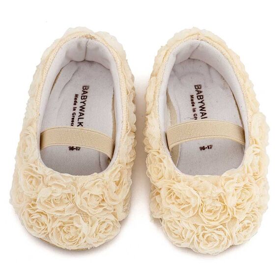 Babywalker Μπαλαρινα Διακοσμημένη με Chiffon Λουλούδια MI1660 Εκρού - Βαπτιστικό Παπούτσι για Κορίτσι στο Oneirokosmos