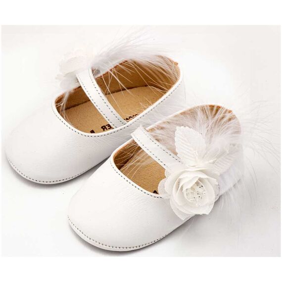 Babywalker Γοβάκι Μονή Μπαρέτα Διακοσμημένο με Λουλούδι και Πούπουλα MI1664 Λευκό - Βαπτιστικό Παπούτσι για Κορίτσι στο Oneirokosmos