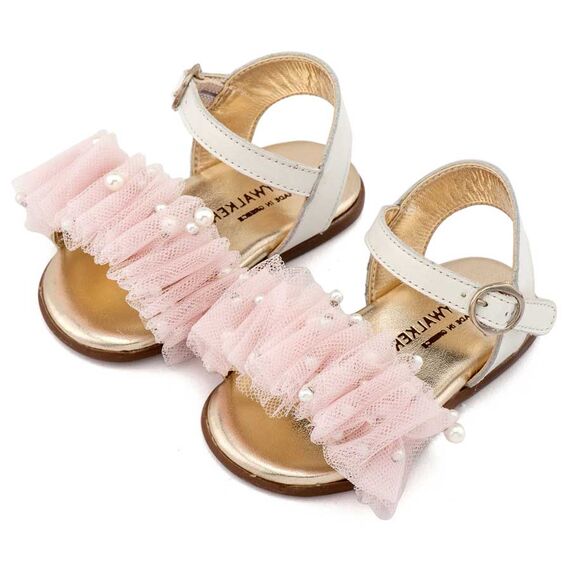 Babywalker Πέδιλο με Χειροποίητο Διακοσμητικό απο Τούλι και PRI2656 Εκρού Ροζ - Βαπτιστικό Παπούτσι για Κορίτσι στο Oneirokosmos