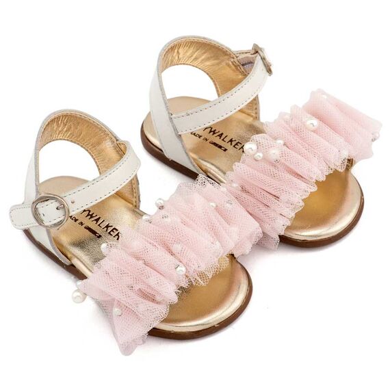 Babywalker Πέδιλο με Χειροποίητο Διακοσμητικό απο Τούλι και PRI2656 Εκρού Ροζ - Βαπτιστικό Παπούτσι για Κορίτσι στο Oneirokosmos