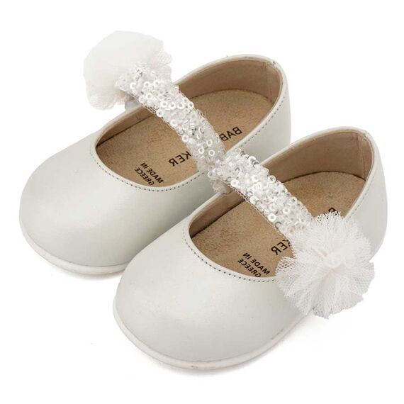 Babywalker Γοβάκι Μονή Μπαρέτα Διακοσμημένο με Τρέσα και Τούλινο Πον Πον PRI2657 Εκρού - Βαπτιστικό Παπούτσι για Κορίτσι στο Oneirokosmos