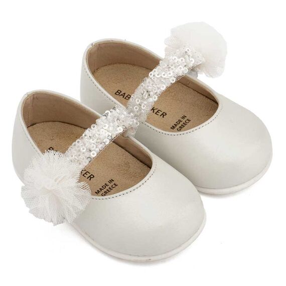 Babywalker Γοβάκι Μονή Μπαρέτα Διακοσμημένο με Τρέσα και Τούλινο Πον Πον PRI2657 Εκρού - Βαπτιστικό Παπούτσι για Κορίτσι στο Oneirokosmos
